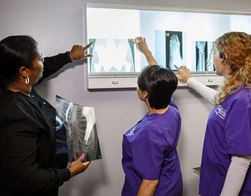 CNI Limited Scope Radiologic Tech students looking at x-rays with an instructor